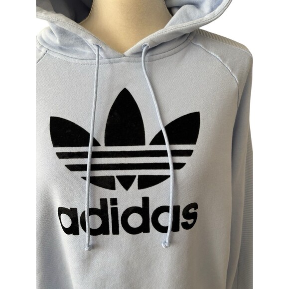 Adidas Cropped Hoodie Sweatshirt Women’s XL Lt Blue Trefoil Logo Black Velvet - Picture 2 of 14